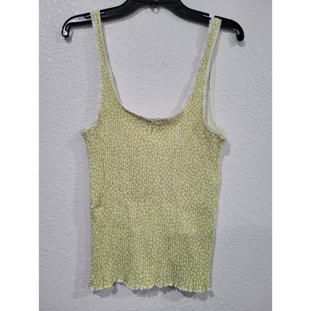 Billabong Womens Green Floral Ribbed Tank Top Lace Trim‎ Lettuce Hem Large #22